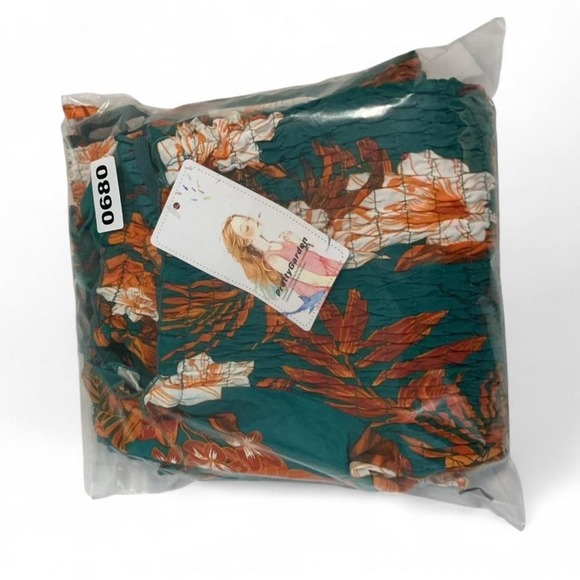 PrettyGarden Smocked Bodycon Dress Womens Large Teal Floral NEW - Picture 8 of 8